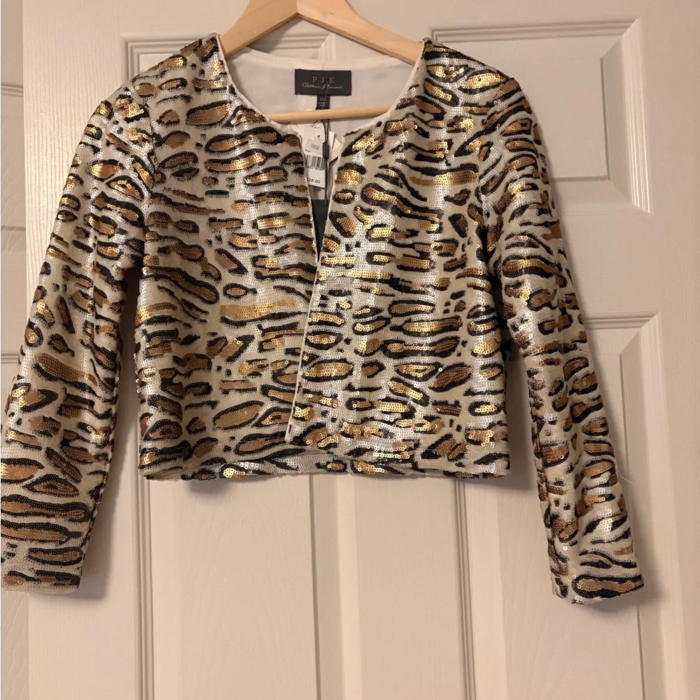 PJK Gold Sequin Tiger-Print Cropped Jacket - Gold/Black - Picture 1 of 4